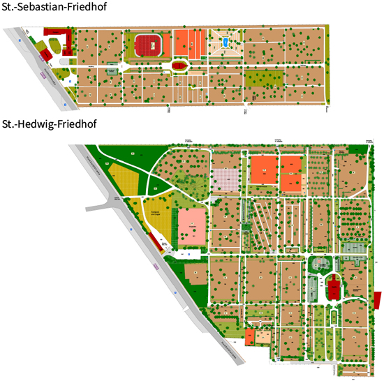 Übersichtsplan der Friedhöfe St. Hedwig und St. Sebastian in Berlin-Reinickendorf